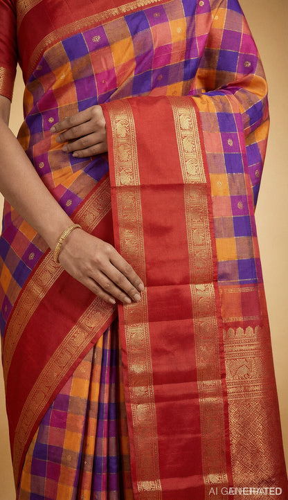 Maroon and purple check Kanjeevaram silk saree close-up with gold woven panel