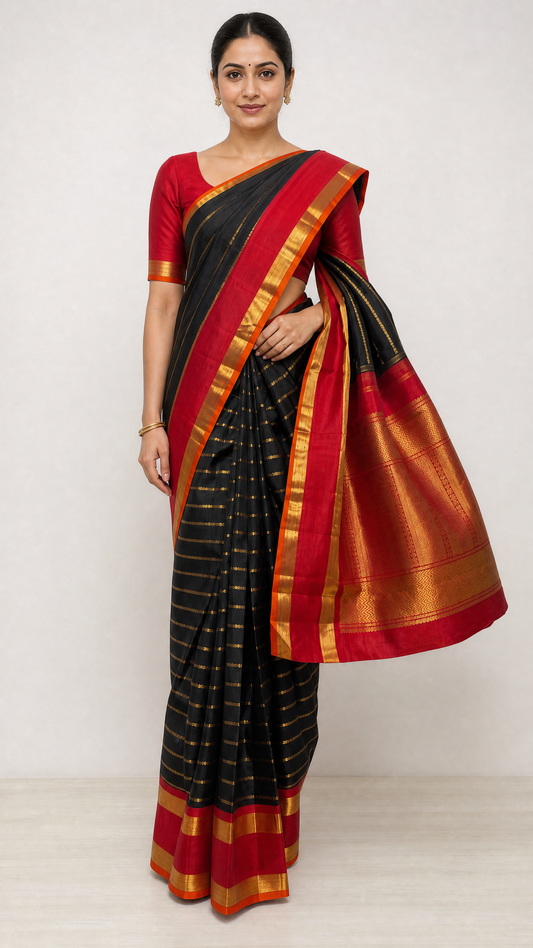 Woman wearing black and red Kanjivaram pure zari traditional Veldari saree with Korvai border