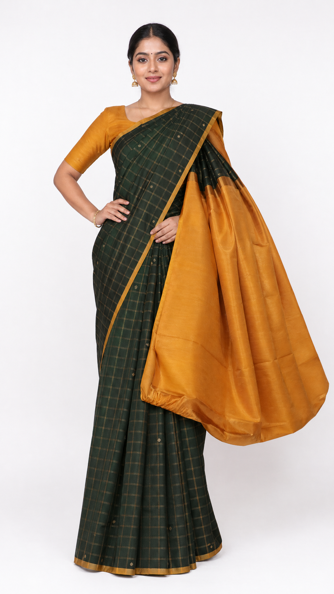 Kanjeevaram silk saree in dark green with checks, mustard pallu and gold border