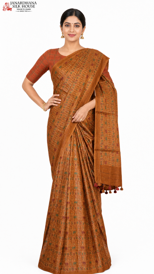 Exclusive Printed Tussar Silk Saree AH205796