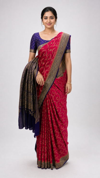 Woman wearing red Benaras crepe saree with navy blue zari blouse and intricate jaal design