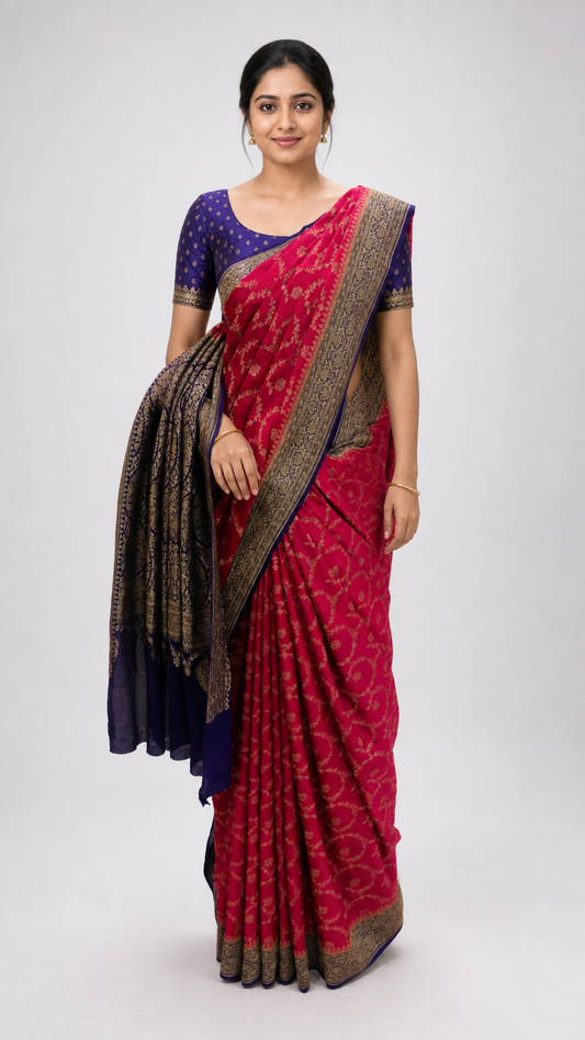 Woman wearing red Benaras crepe saree with navy blue zari blouse and intricate jaal design