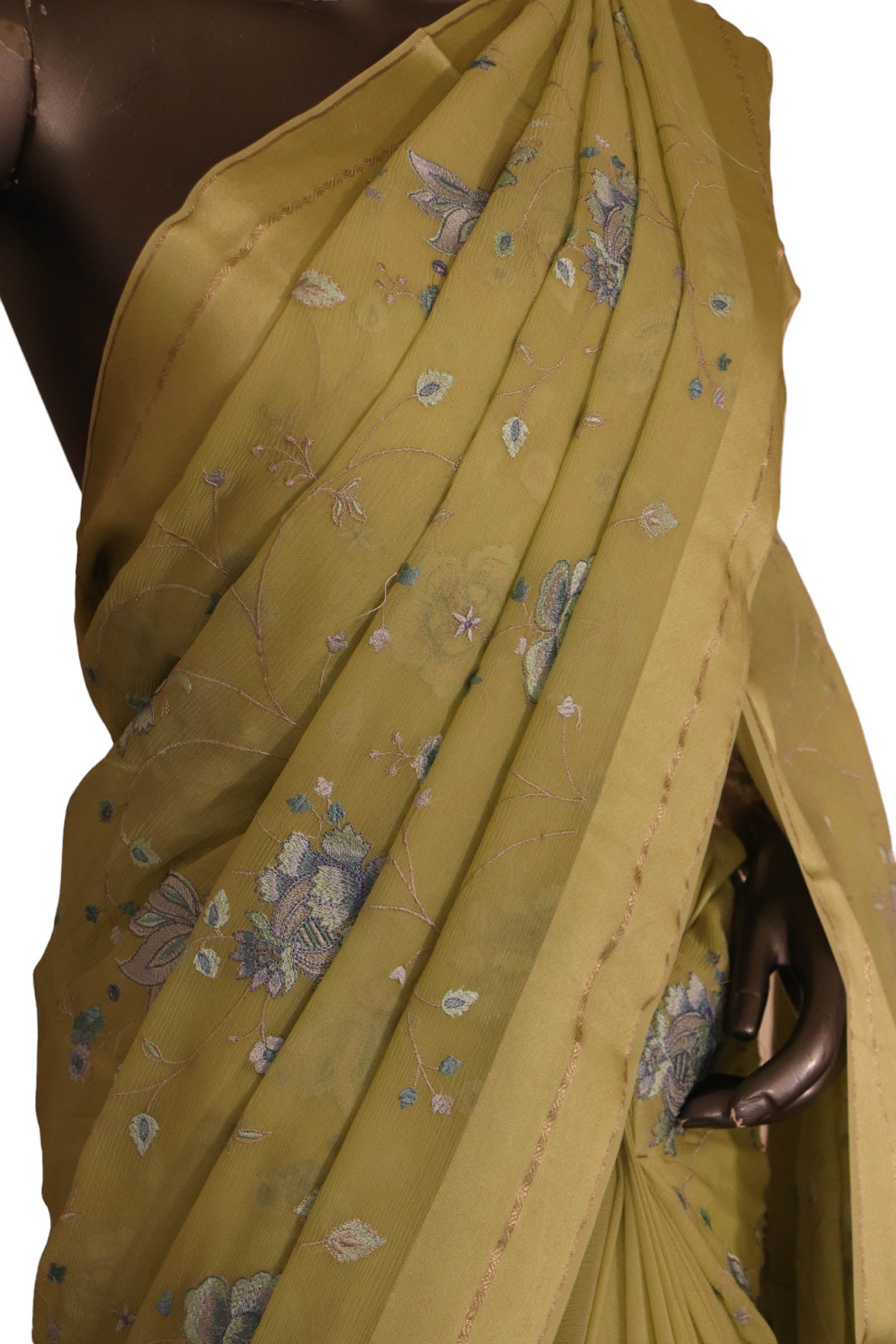 Designer Thread Embroidery Pure Silk Chiffon AJ211813