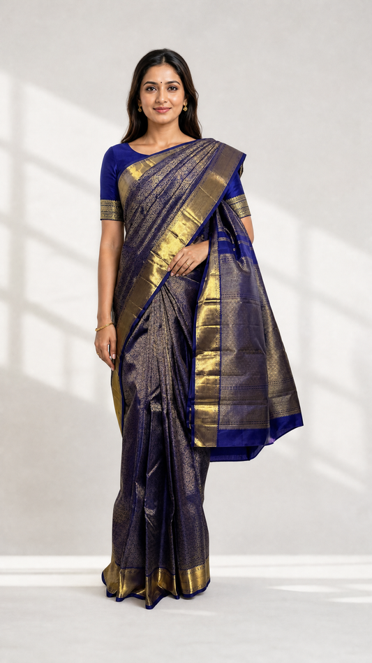 Blue Brocade Kanjivaram Silk Saree with Chakra and Peacock Motif