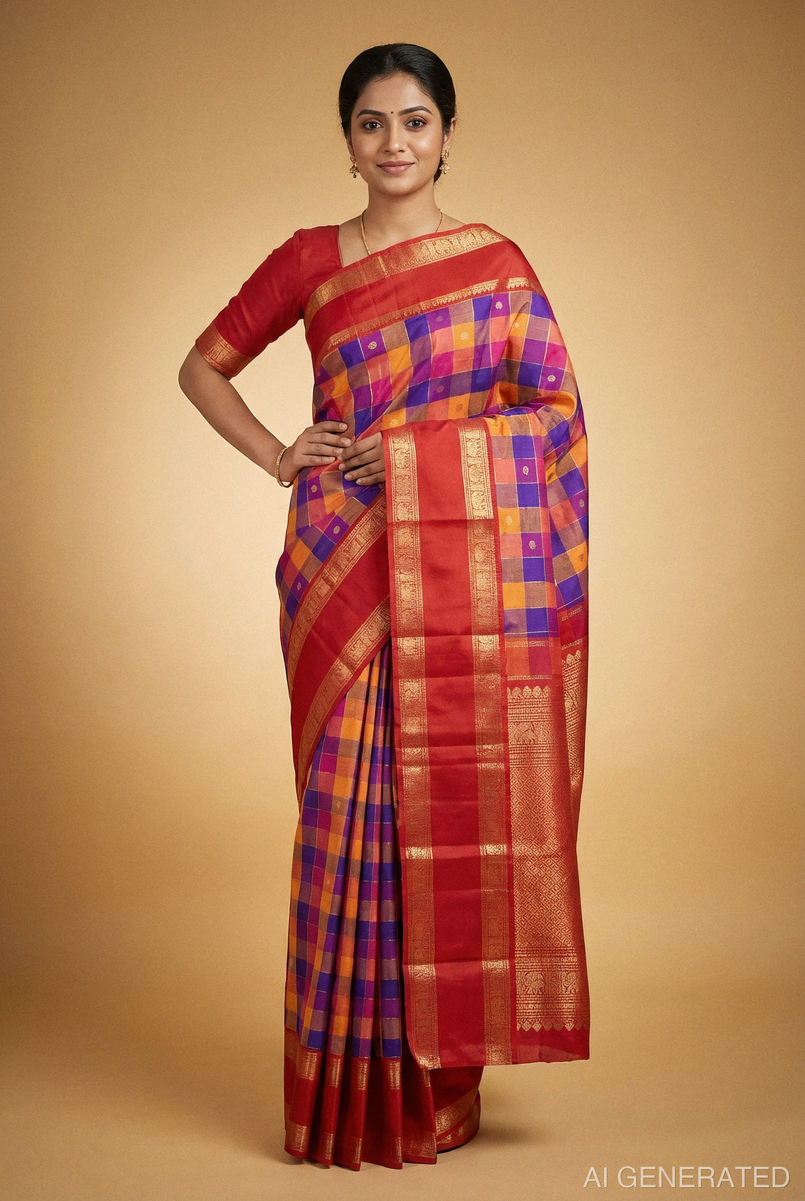 Kanjeevaram silk saree with maroon and purple check pallu, gold zari border