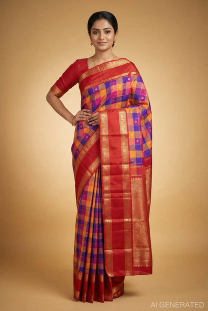 Kanjeevaram silk saree with maroon and purple check pallu, gold zari border