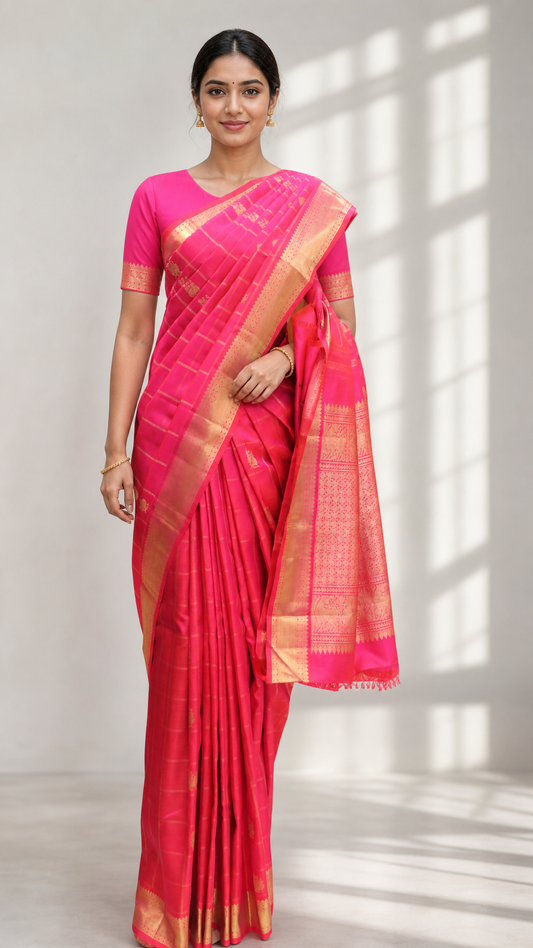 Woman wearing pink Kanjeevaram saree with pure jari katam butta handloom design
