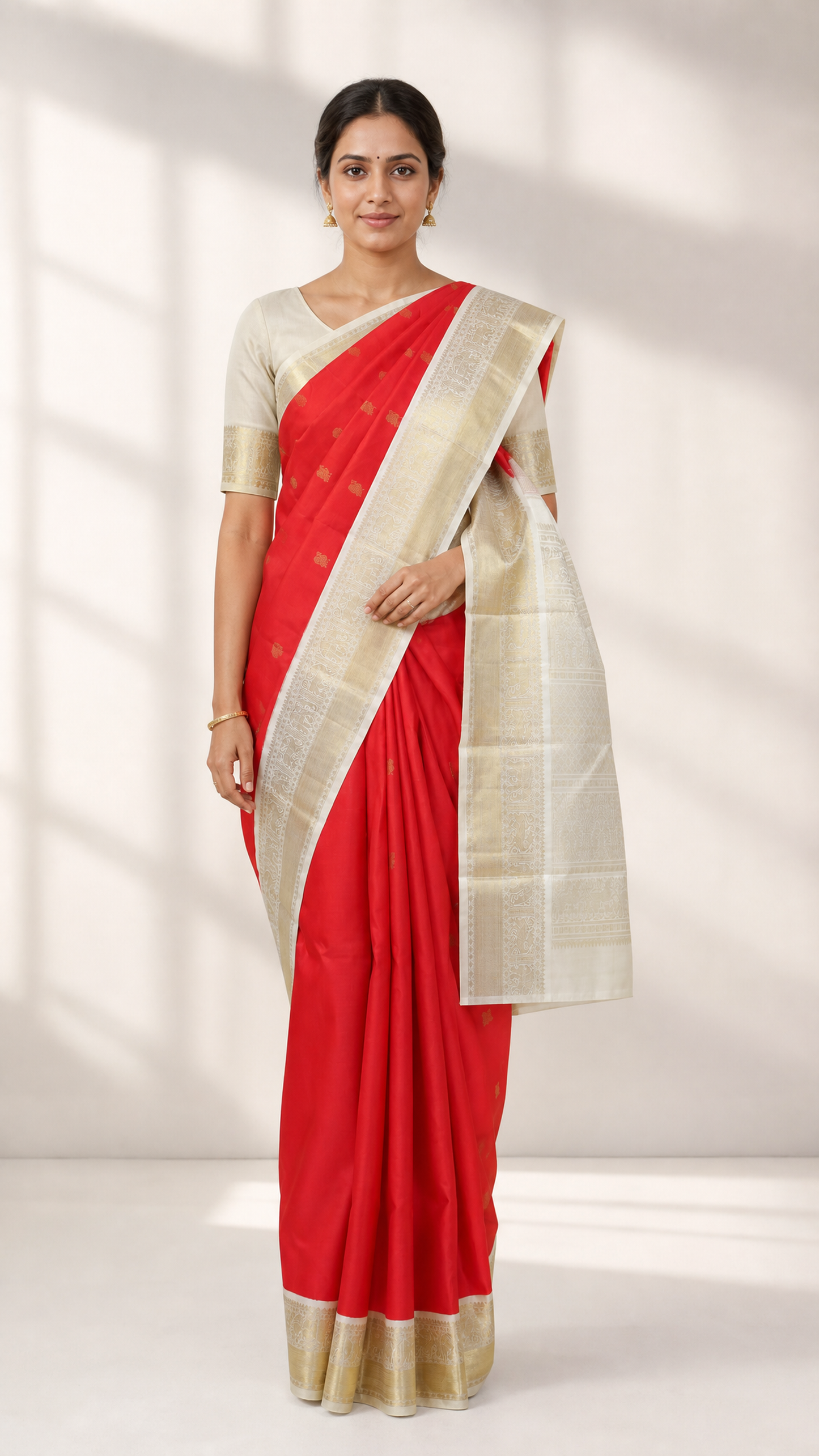 model wearing chilly red kanjeevaram saree with half white zari border