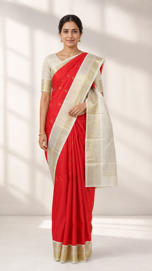 Model wearing chilly red Kanjeevaram saree with half white zari border