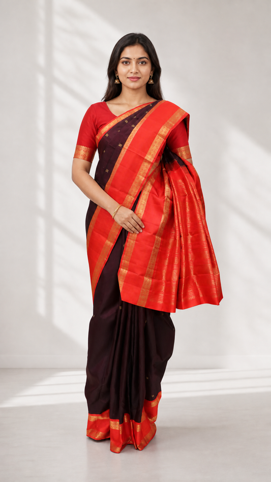 Woman wearing a deep maroon and bright red Kanjeevaram saree with gold zari border