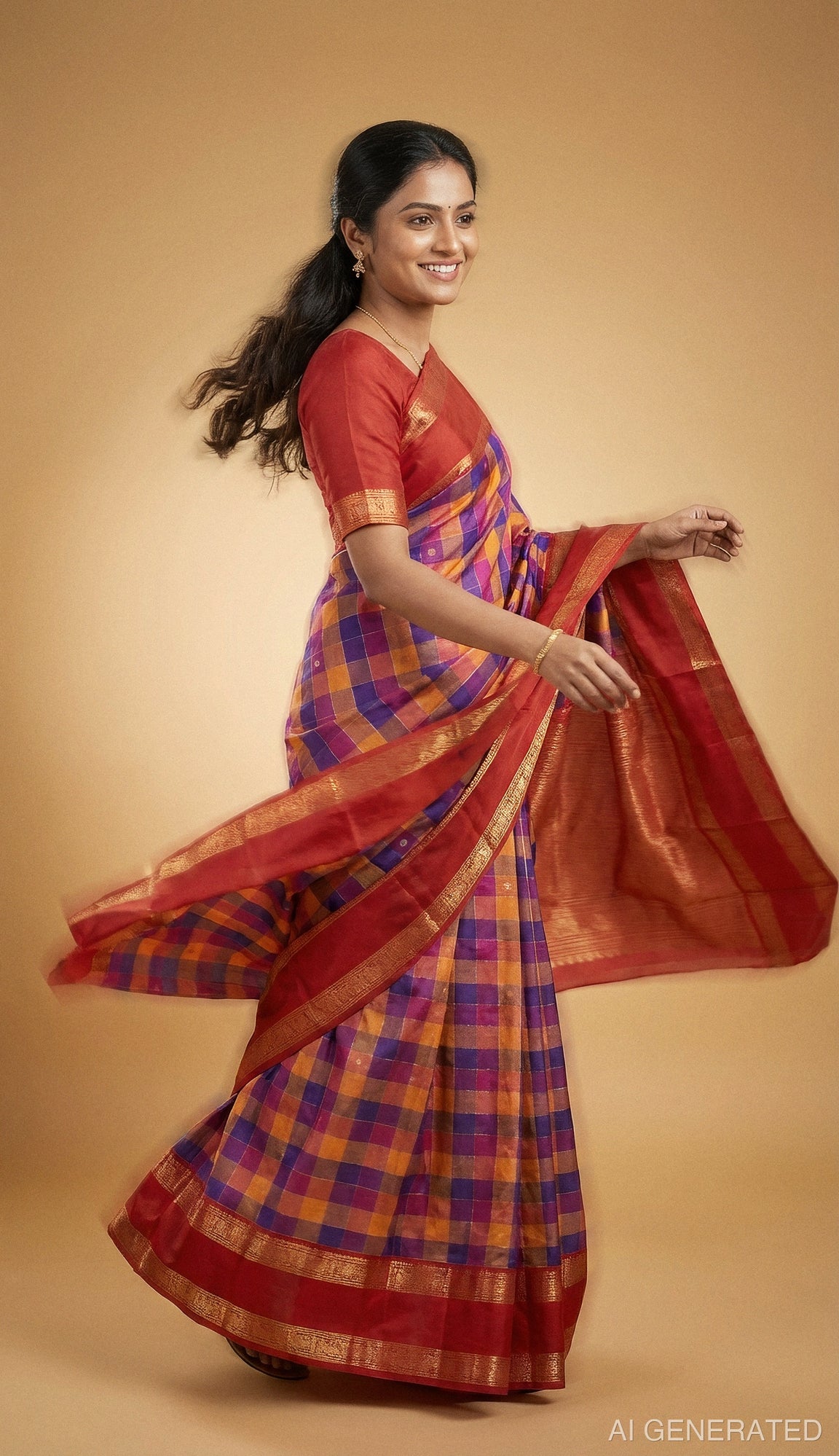Kanjeevaram silk saree with maroon and purple checks and red-gold zari border