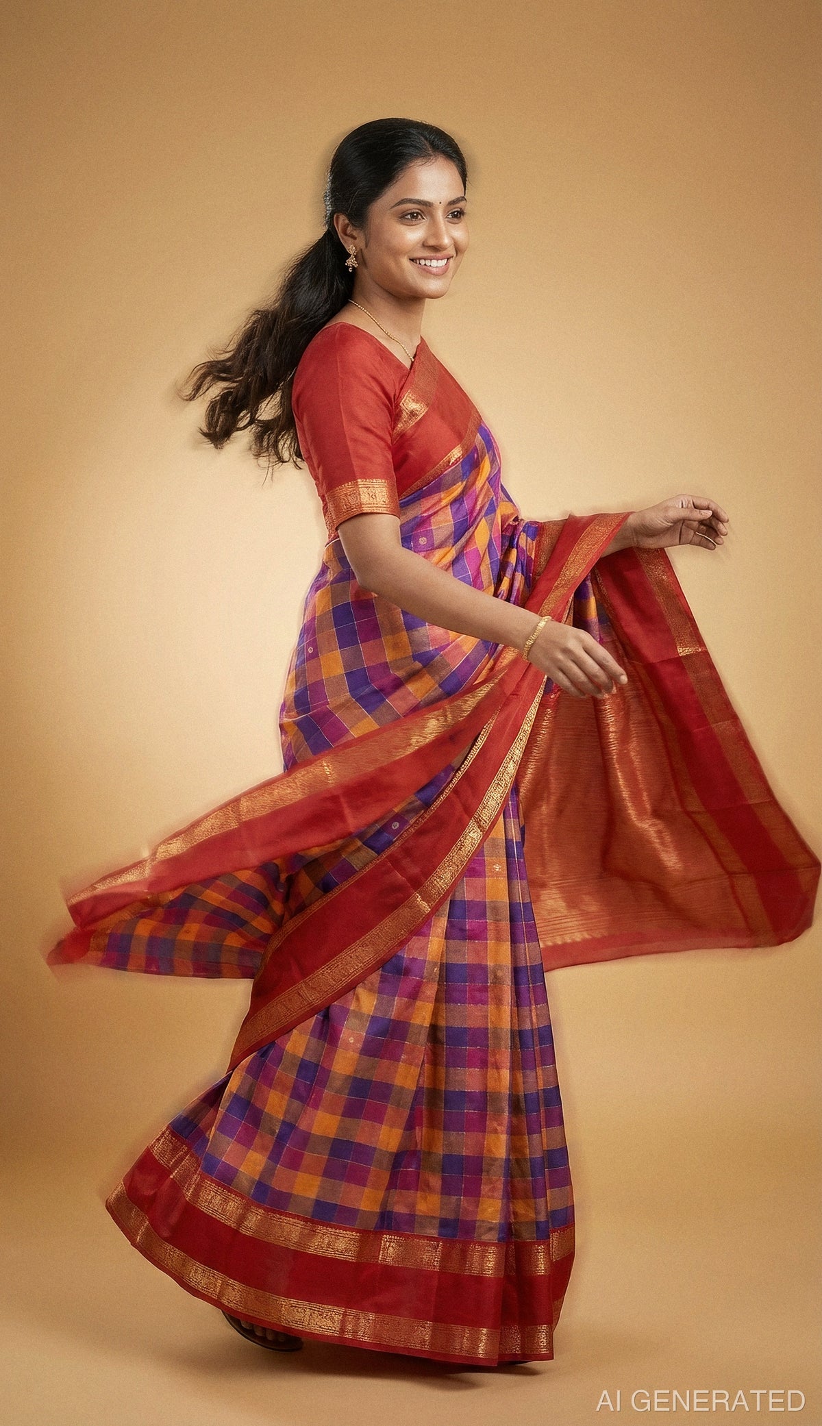 kanjeevaram silk saree with maroon and purple checks and red-gold zari border
