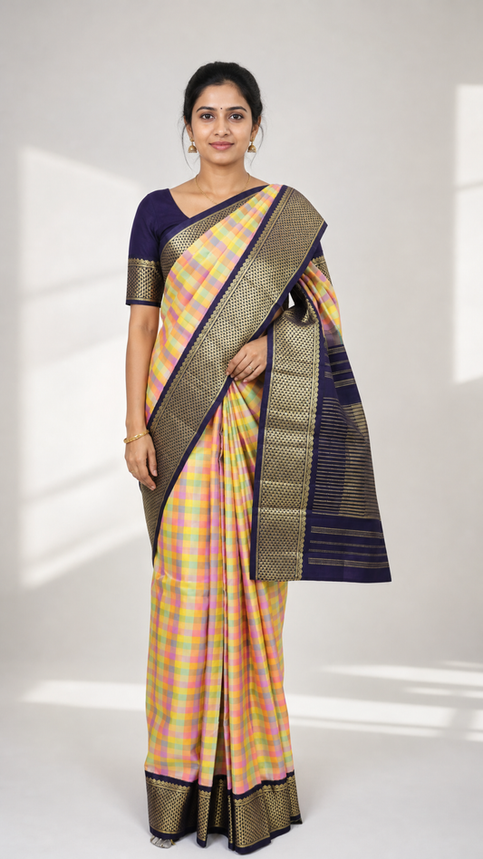 Woman wearing multicolour Kanjeevaram saree with korvai palam palam checks and navy blue zari border