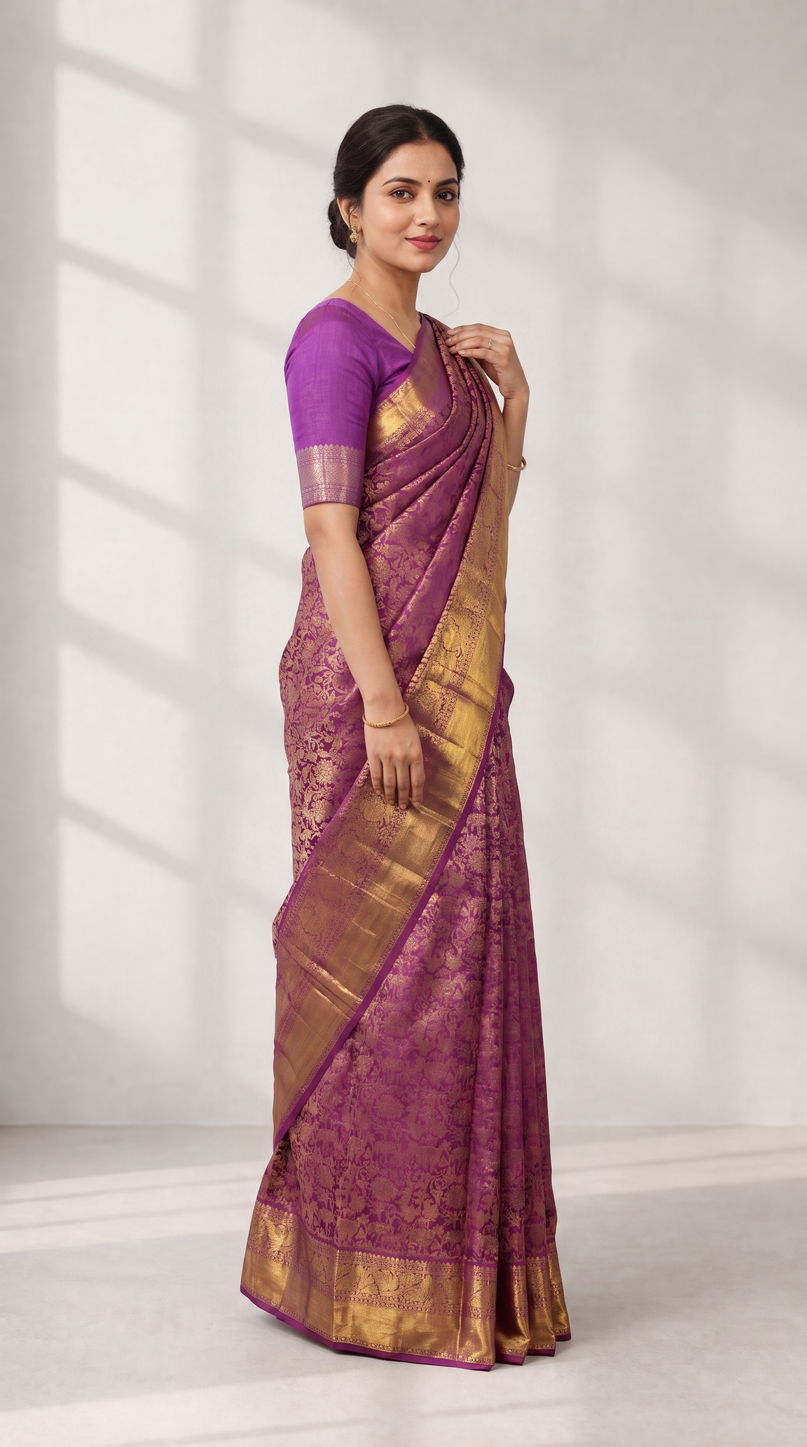 Purple Borcade Kanjivaram Silk Saree with Peacock Border AM201514 - Side View