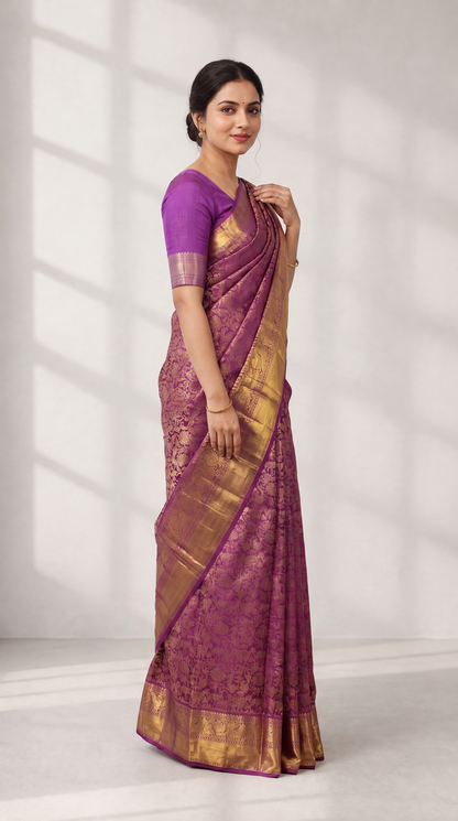 Purple Borcade Kanjivaram Silk Saree with Peacock Border AM201514 - Side View