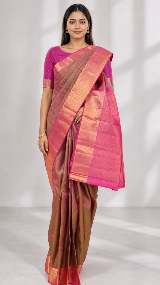 Woman wearing a brown and pink Kanjeevaram silk saree with gold zari border