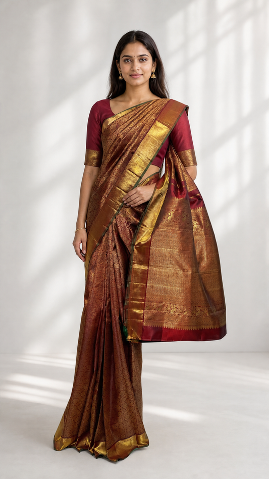 Maroon Borcade Kanjivaram Silk Saree with Peacock and Chakra Motif worn by model