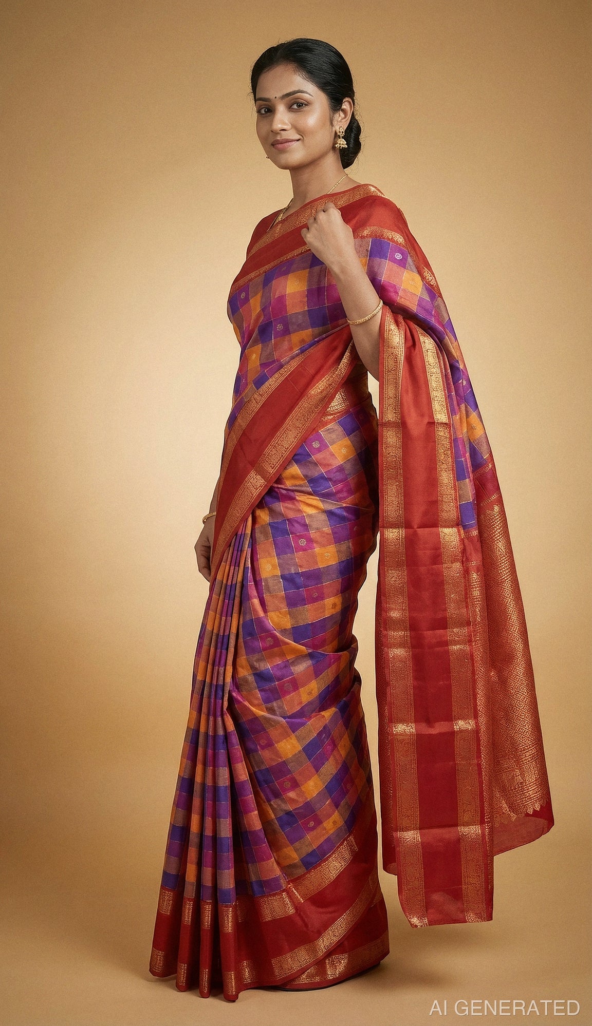 Kanjeevaram silk saree in maroon and purple checks with wide gold border