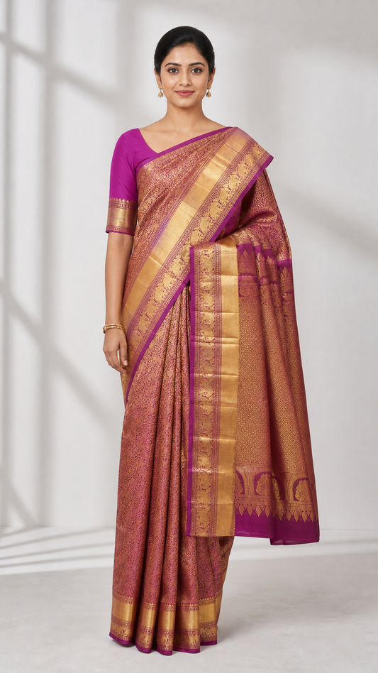 Woman wearing a purple Kanjeevaram brocade saree with gold zari border