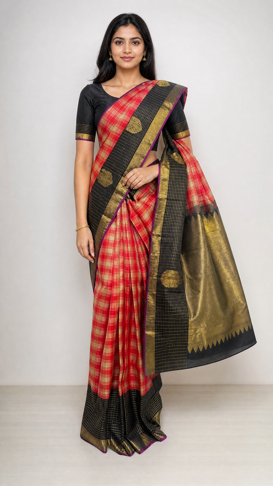 Model wearing Pure Zari Kanjivaram saree with body Pallam Palam checks and broad zari border
