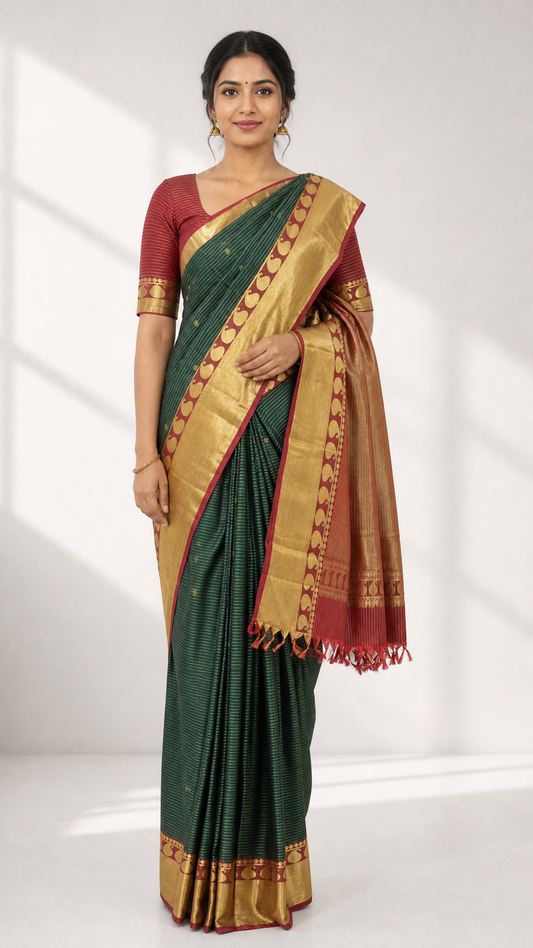 Woman wearing deep green and maroon Kanjeevaram saree with zari border and oosi butta pattern