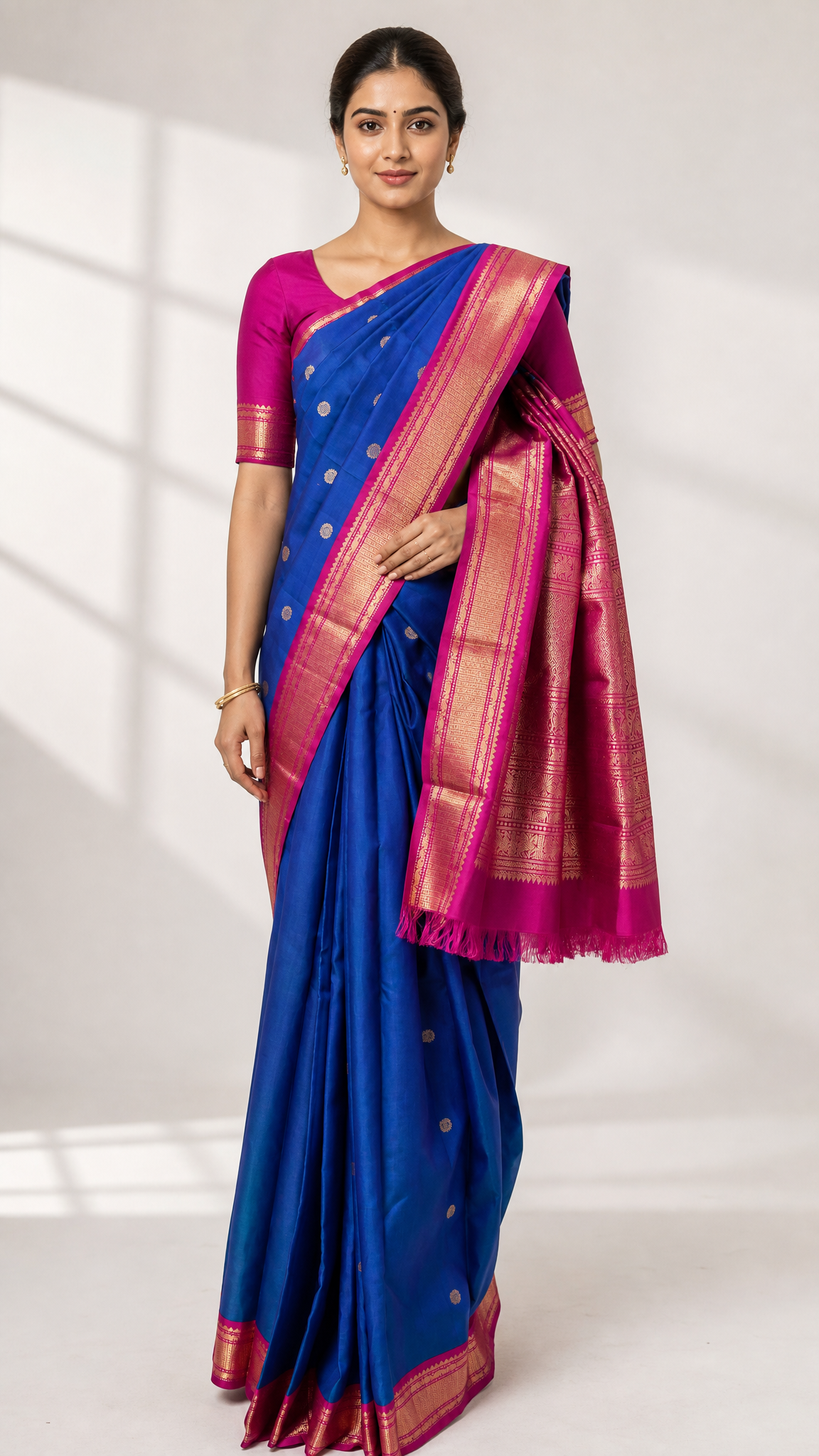 woman wearing peacock blue kanjeevaram saree with magenta zari border