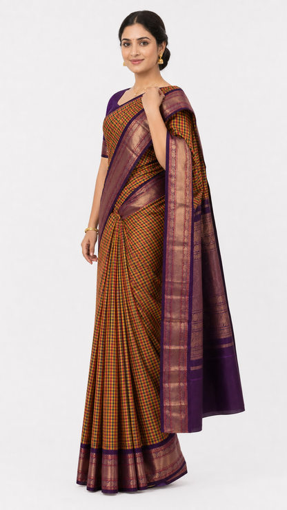 Kanjeevaram silk saree drape, orange check pattern with wide purple maroon pallu