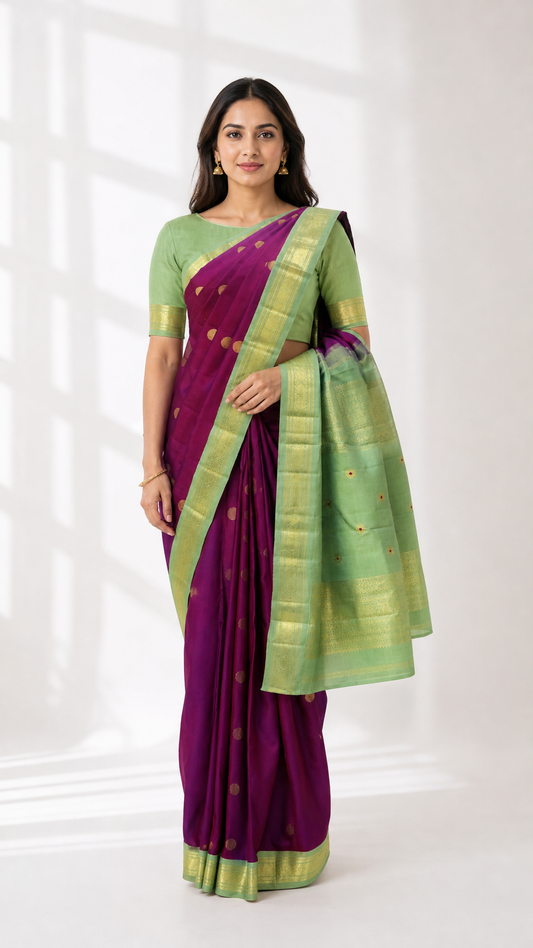 Woman wearing purple and green Kanjeevaram saree with jari korvai zari work