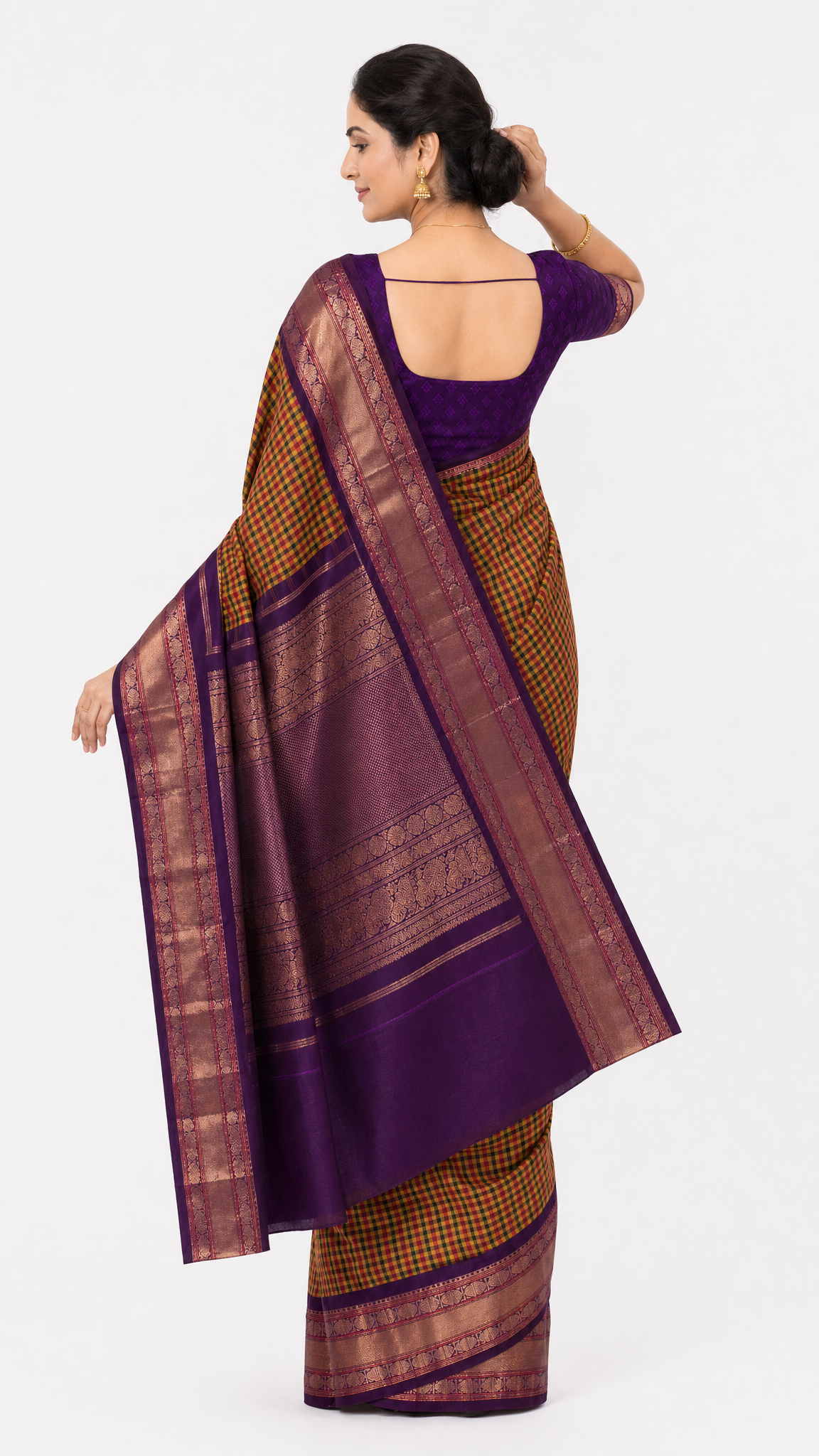 kanjeevaram silk saree back view, purple pallu with geometric border over orange checks