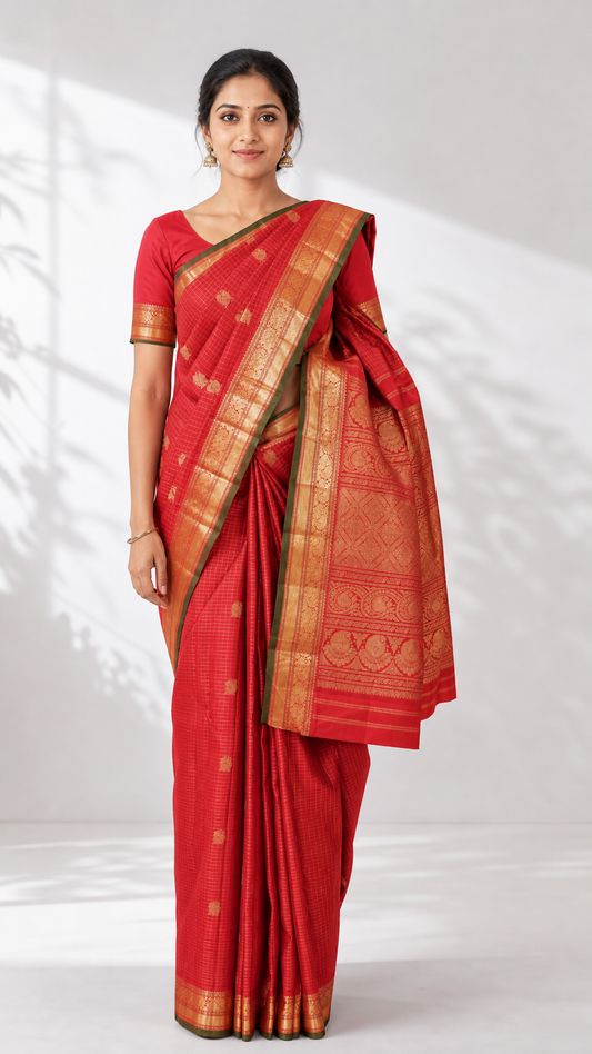 Woman wearing a red Arraku colour Kanjeevaram saree with gold zari katam butta pattern and zari border