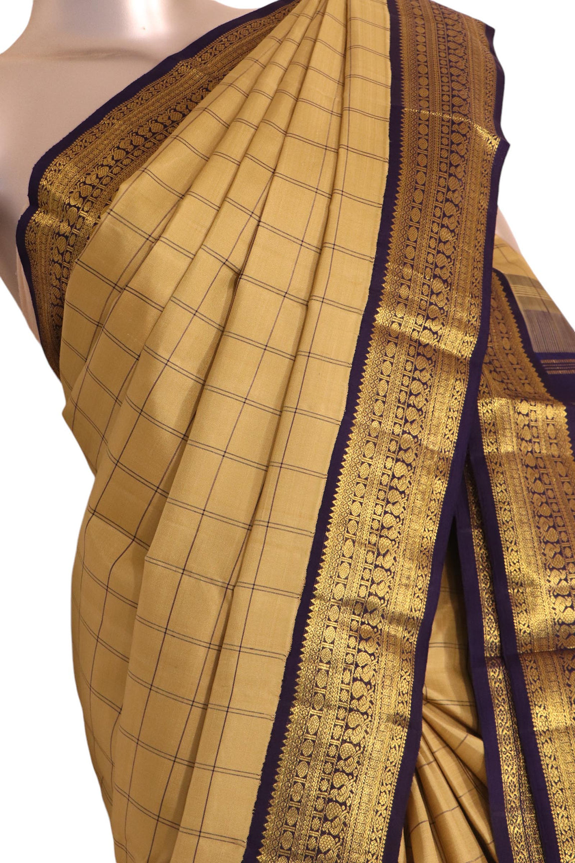 Pure Handloom Double Checks Kanjeevaram Silk Saree AK203106