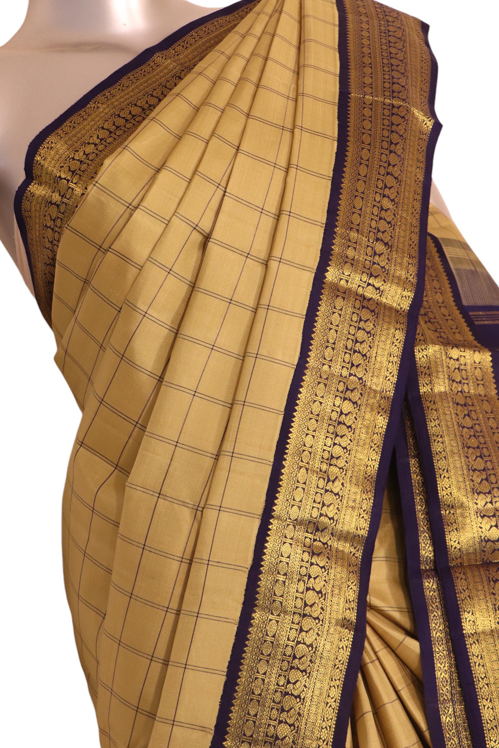Pure Handloom Double Checks Kanjeevaram Silk Saree AK203106