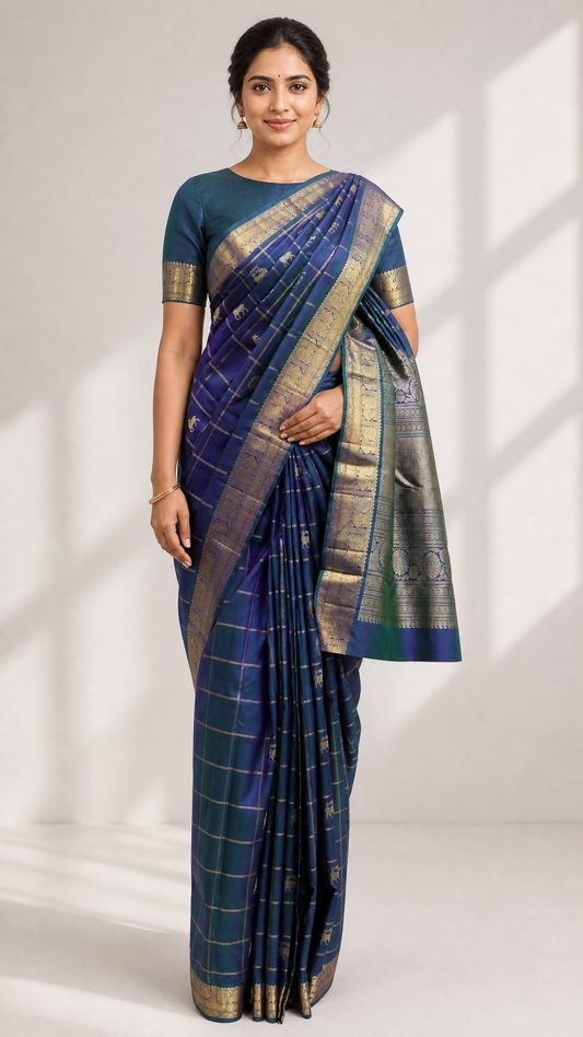 Woman wearing peacock blue Kanjeevaram saree with gold zari katam butta and border