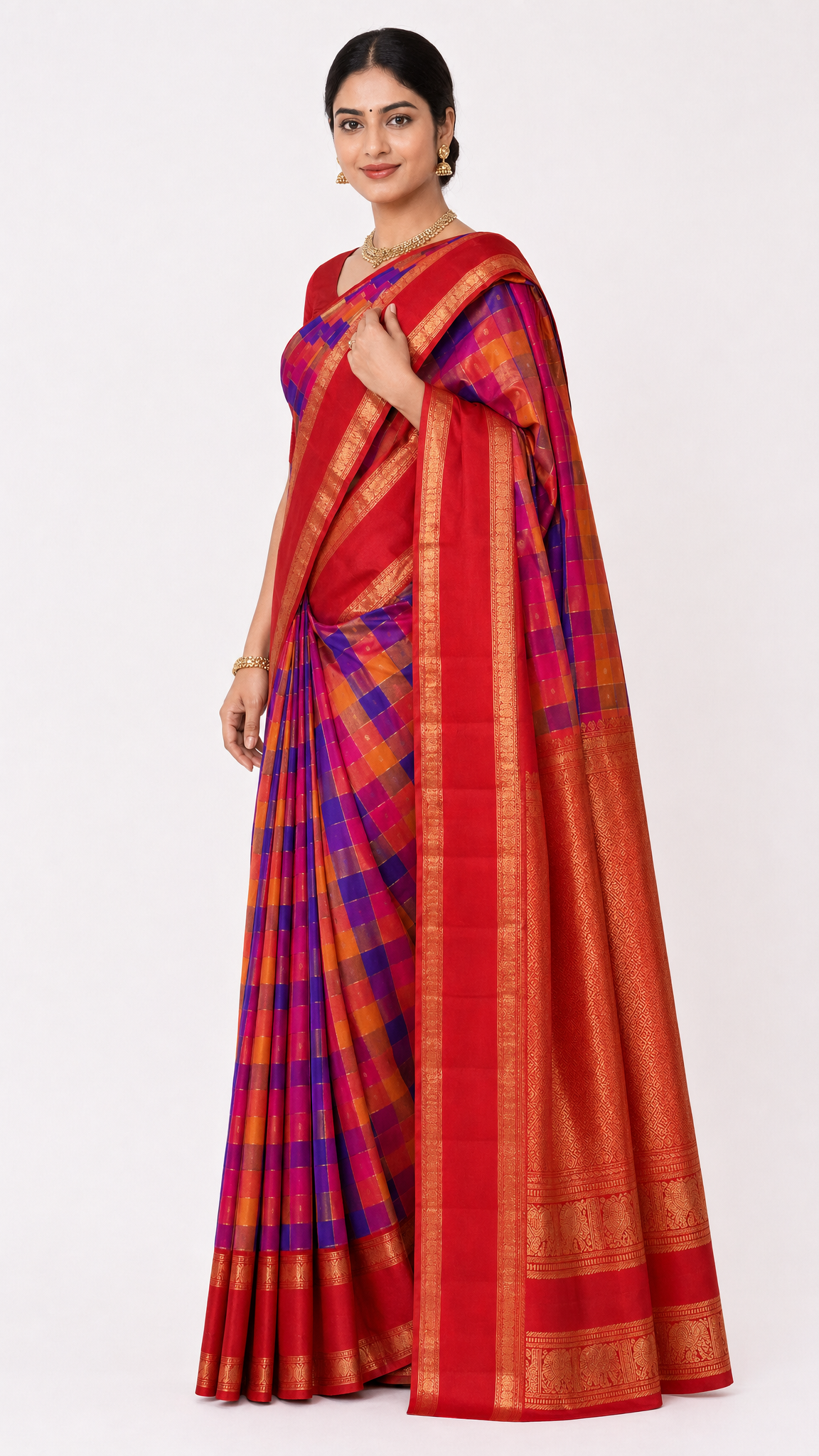 Red and blue check handloom silk saree with gold border and side drape