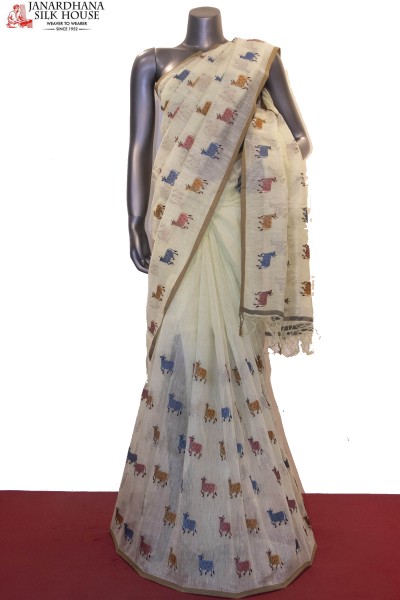 Exclusive Embroidery Pure Linen Saree