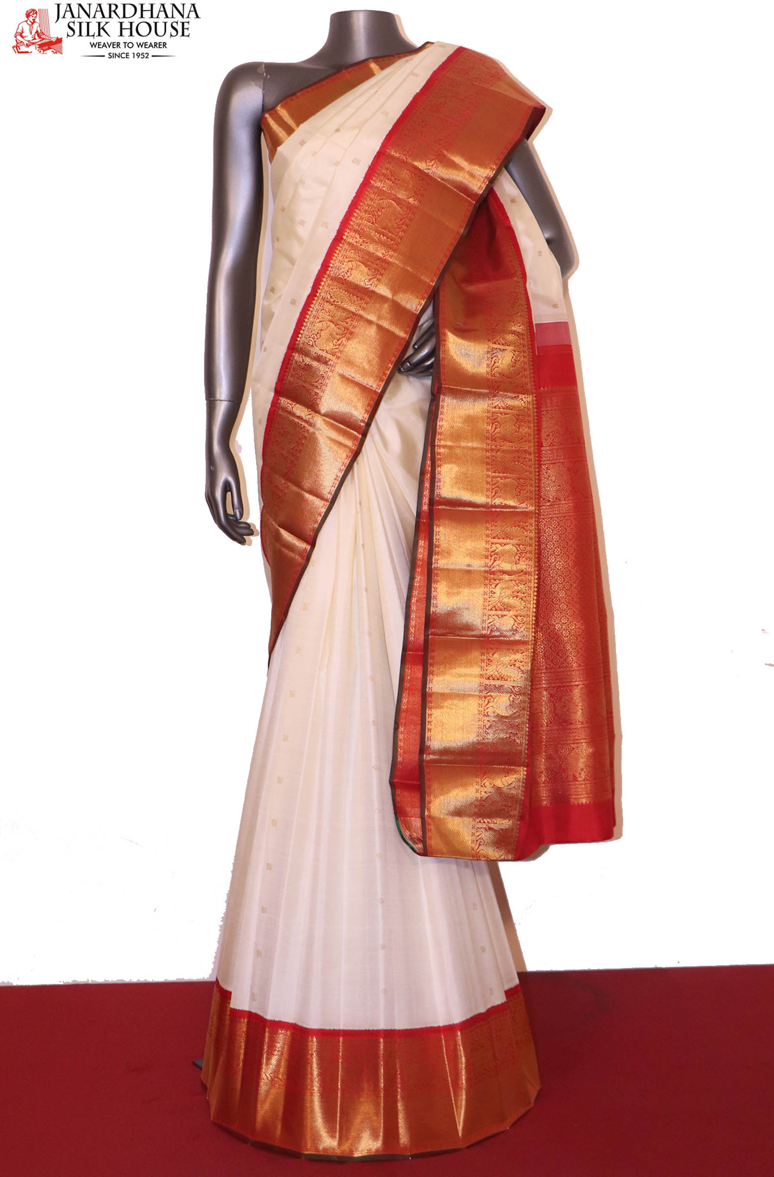 White & Scarlet Red Double Warp Elegance Kanchipuram Handwoven Soft Si –  Capell Haute Couture