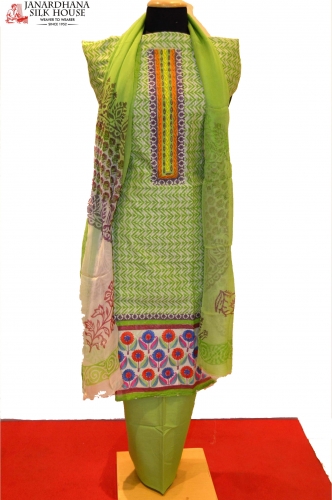 Green ladies Cotton Suit with Colorful Border